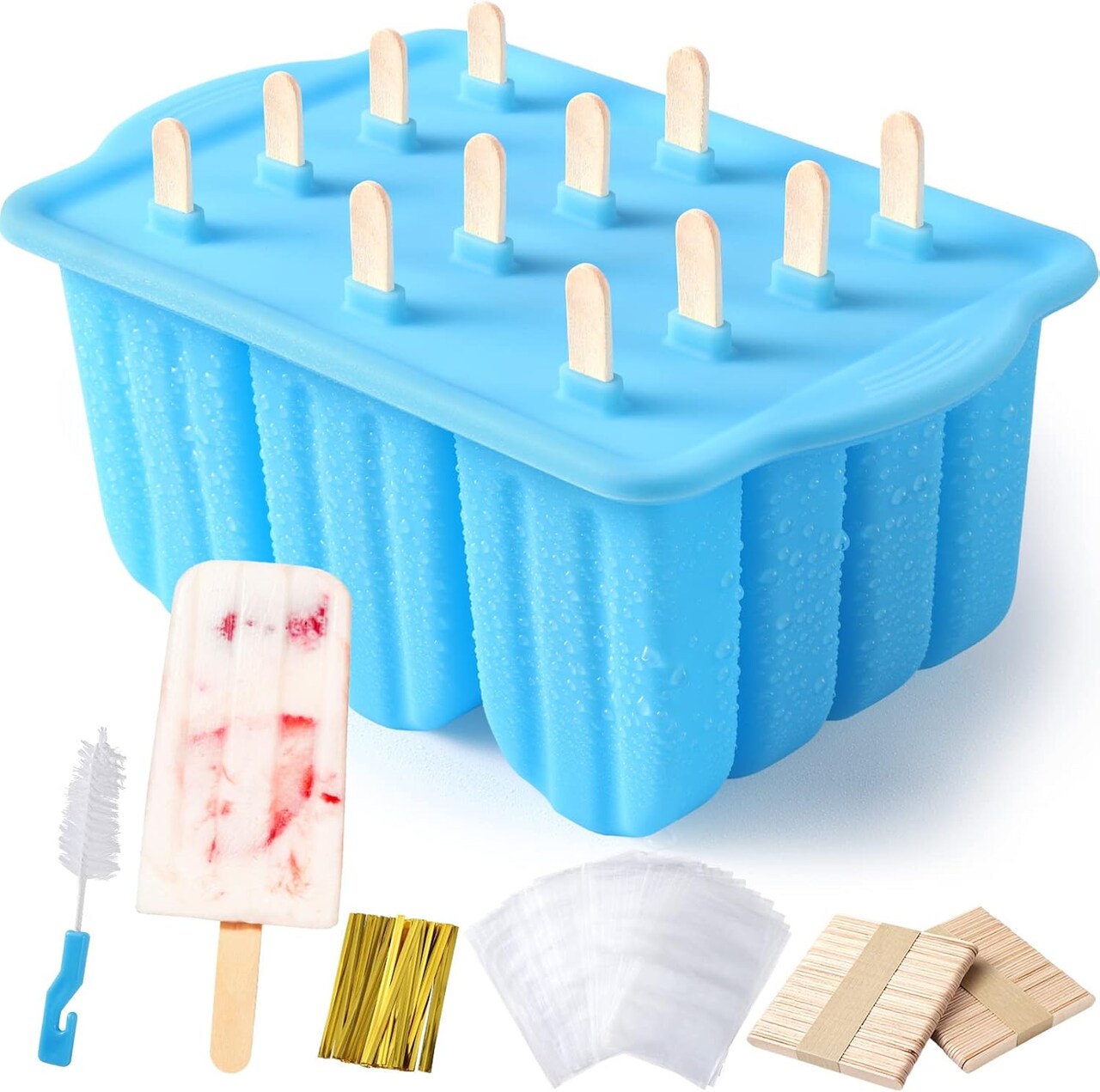 Popsicle Molds Silicone BPA-Free – 12-Piece Popsicle Tray Set for Freezer, Homemade Ice Cream Popsicle Molds, Large Ice Pop Maker Set, Reusable Ice Lolly Molds with 100 Popsicle Sticks (Blue)